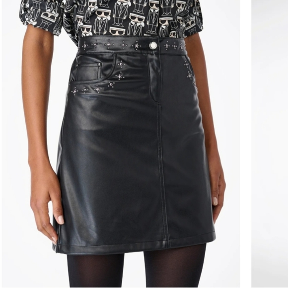 KARL LAGERFELD PARIS Women's Embellished Faux Leather Black Skirt Size 12